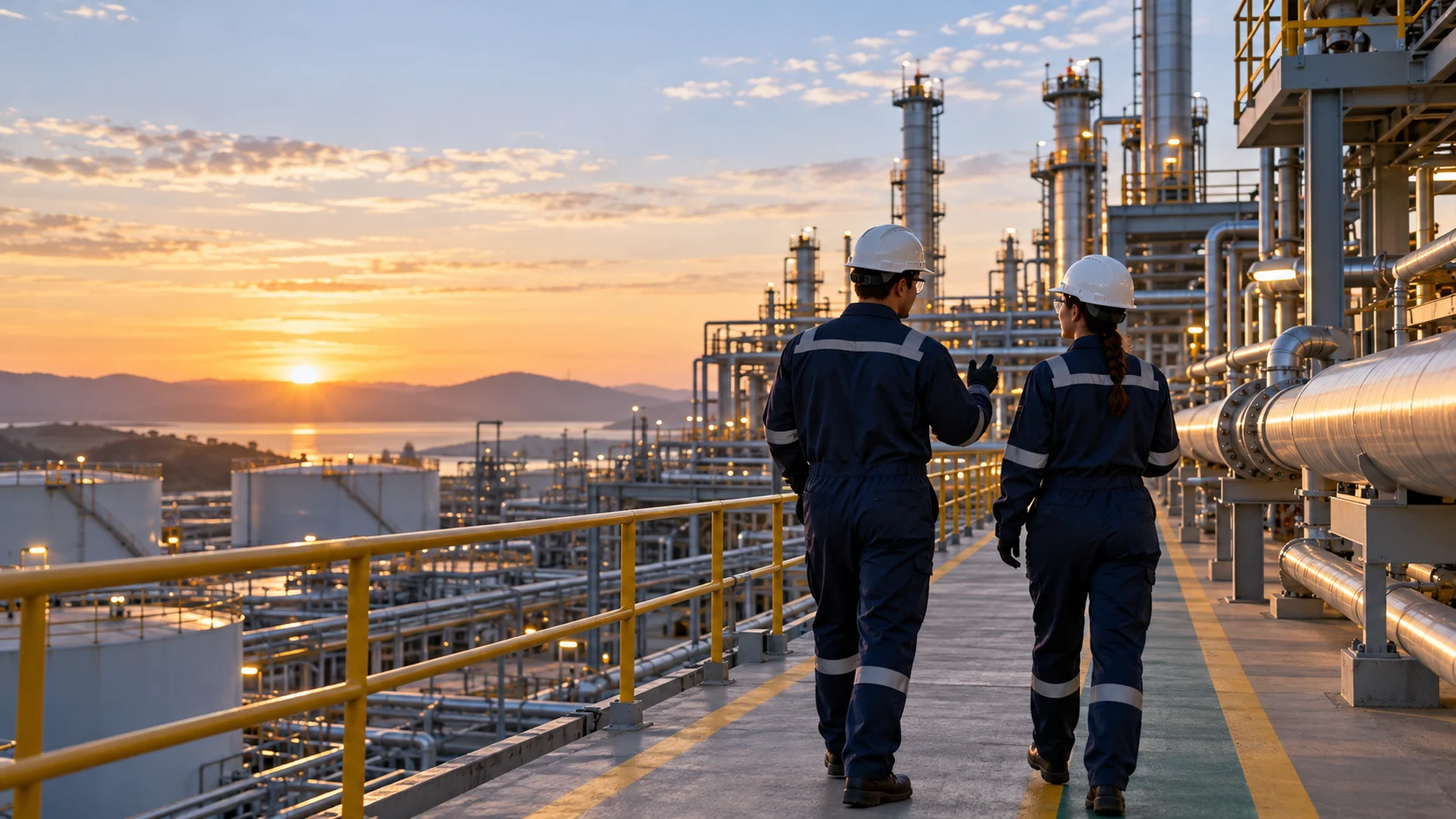 Illustration of two engineers in protective clothing at an energy facility
