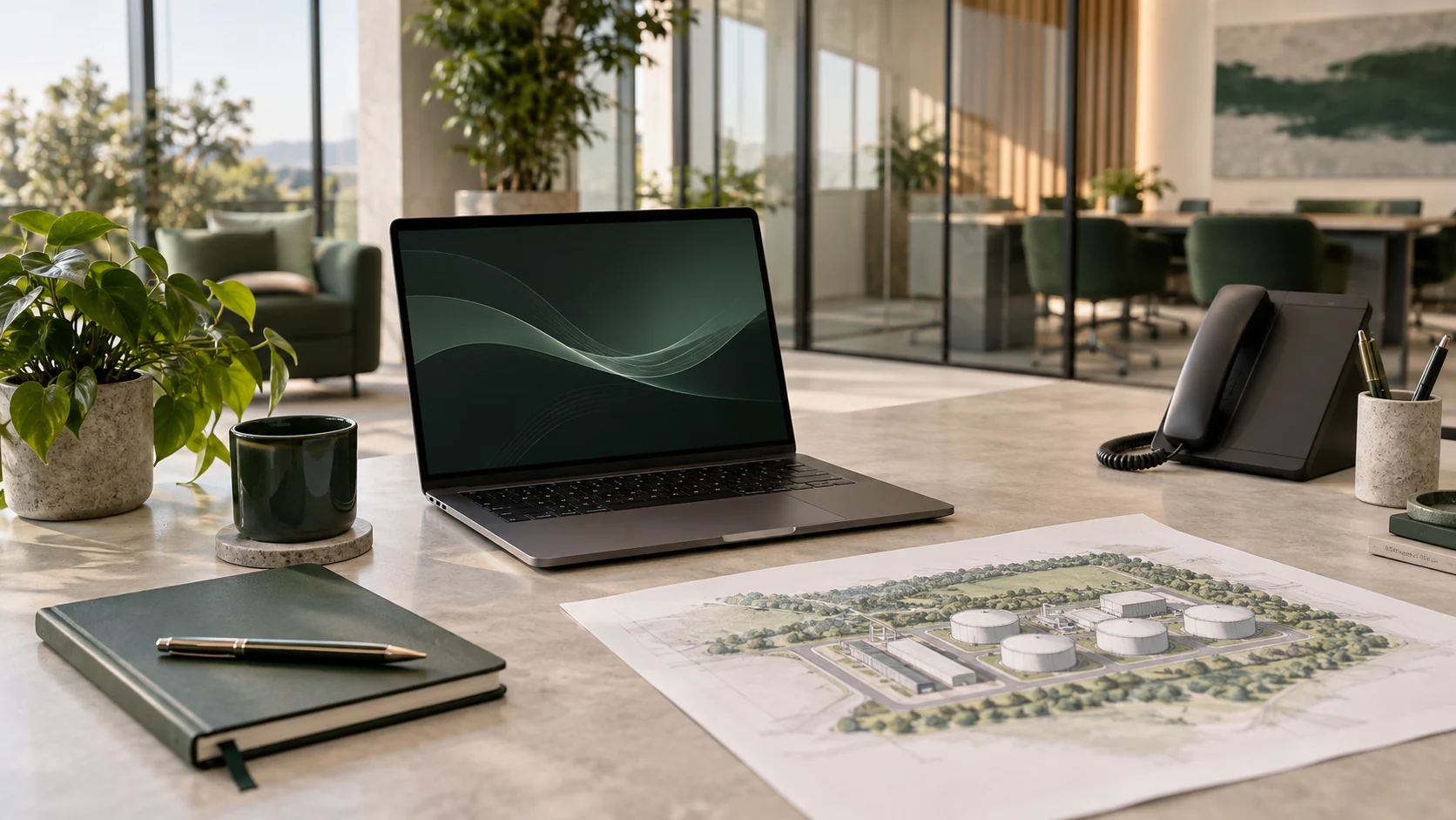Illustration of a business enquiry workspace with a telephone, laptop and energy project plan