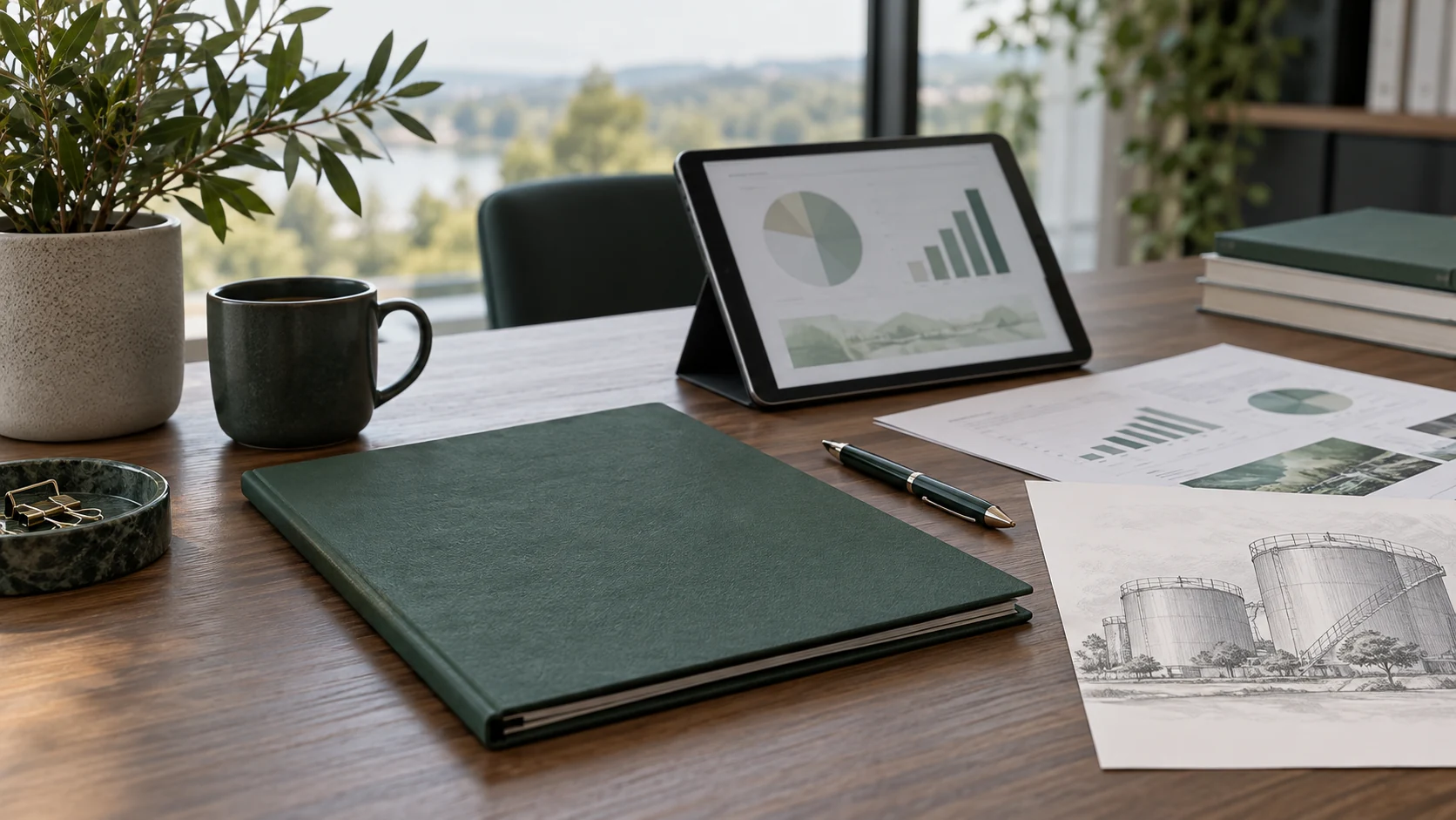 Illustration of company reports, charts and energy drawings arranged on a desk