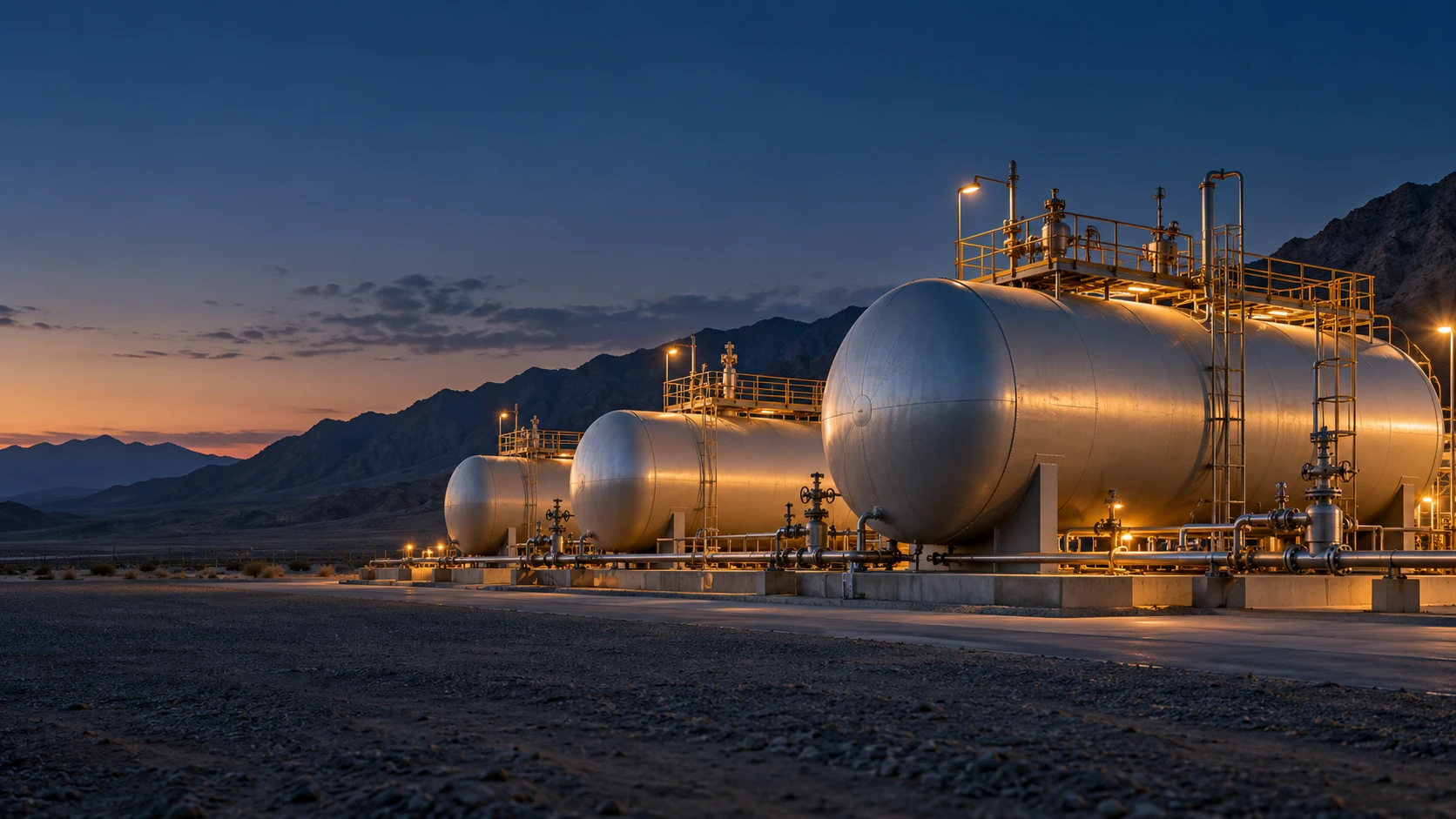 Illustration of LPG storage tanks and connecting pipework at dusk