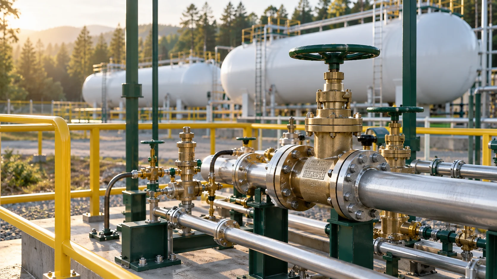 Illustration of LPG safety valves, pipework and protective guardrails